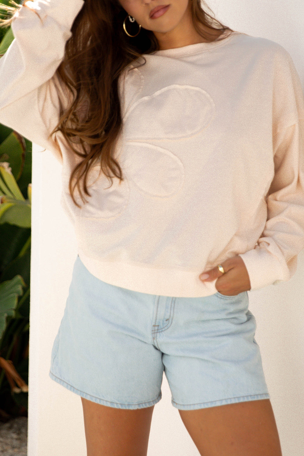 Beige Raw Edge Flower Patch Drop Shoulder Casual Top