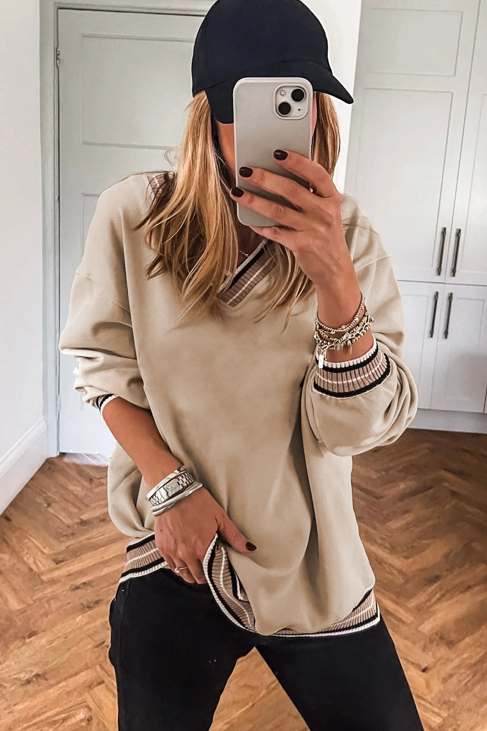 Parchment Varsity Contrast Striped Trim V Neck Sweatshirt