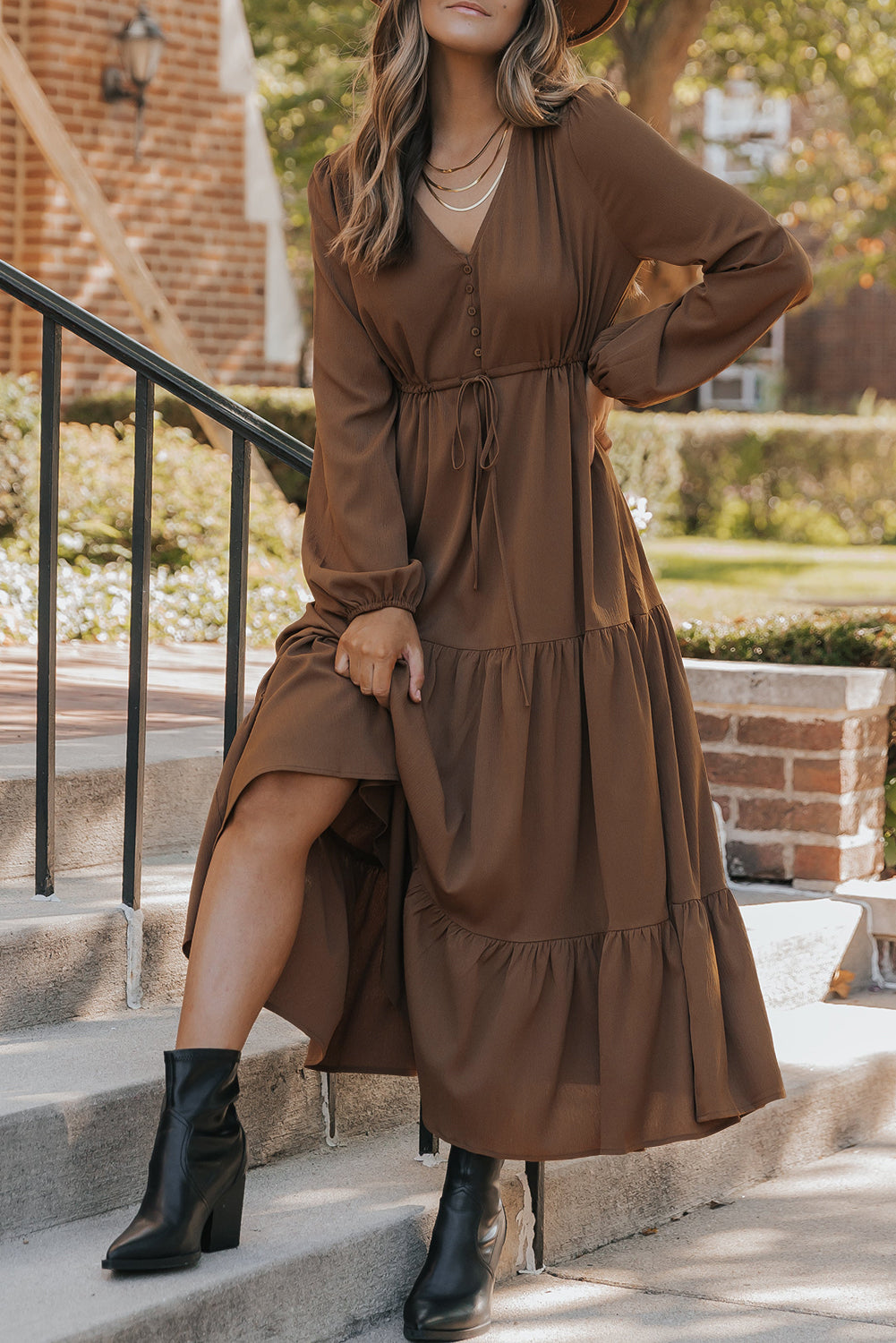 Chestnut Solid Long Sleeve Button V Neck Tiered Maxi Dress