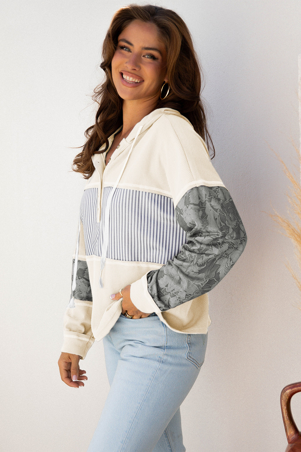 White Waffle Printed Patchwork Drawstring Hooded Long Sleeve Top