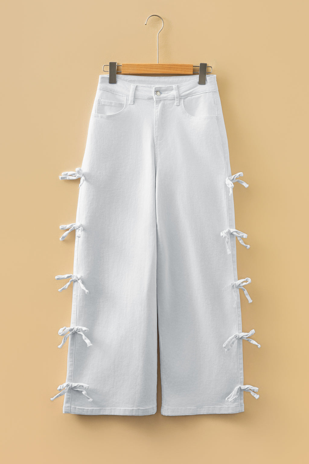 White Bow Knot Side Detail Straight Leg Loose Jeans
