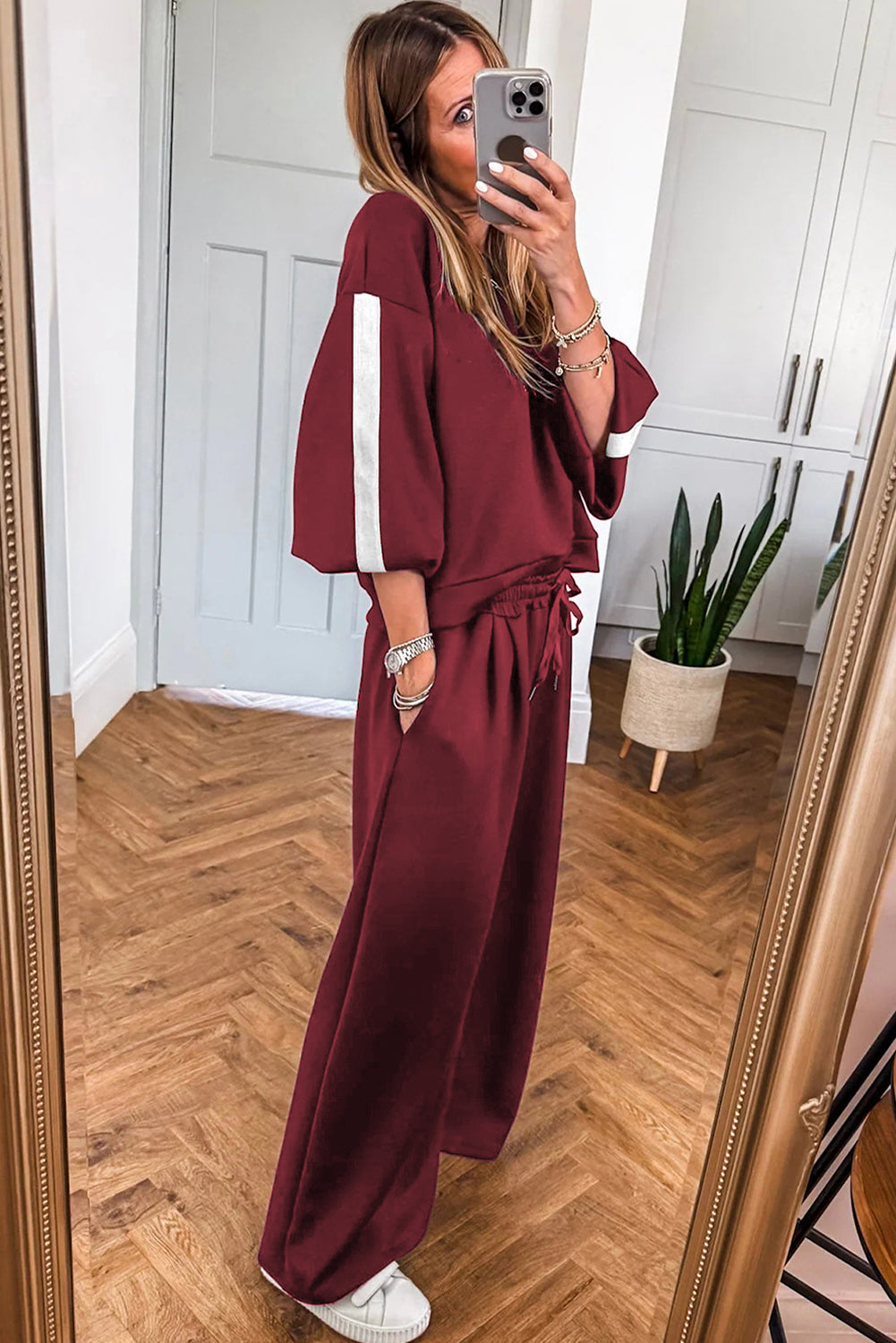 Burgundy Varsity Striped 3/4 Sleeve Pullover Drawstring Sweatpants Set