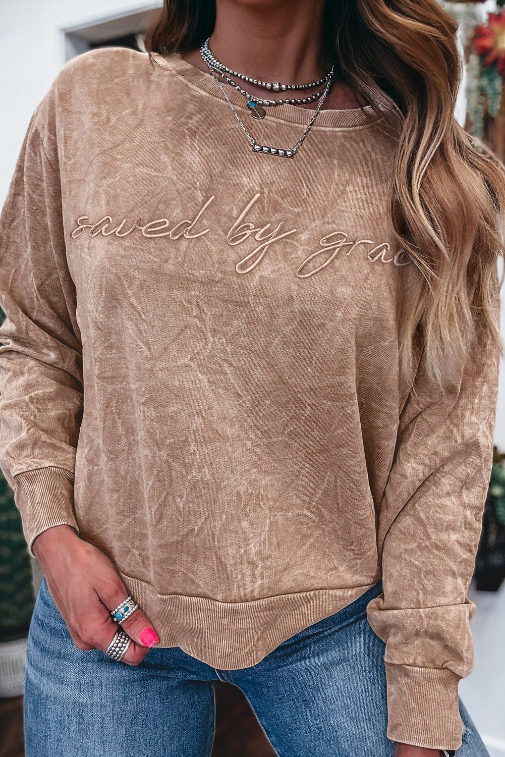 DUNE saved by grace Letter Embroidery Mineral Wash Loose Sweatshirt