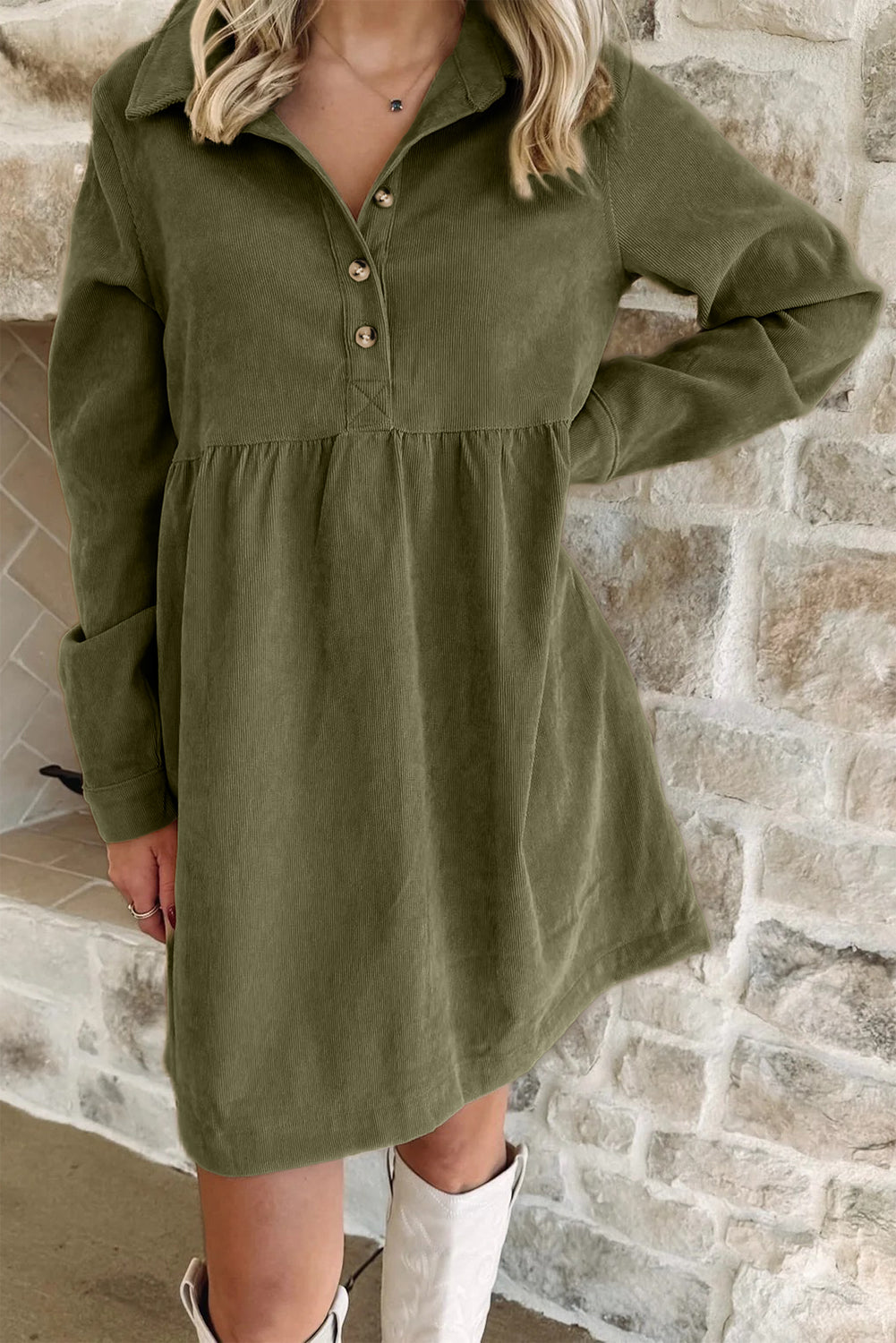 Vineyard Green Corduroy Half Button Collared Long Sleeve Mini Dress