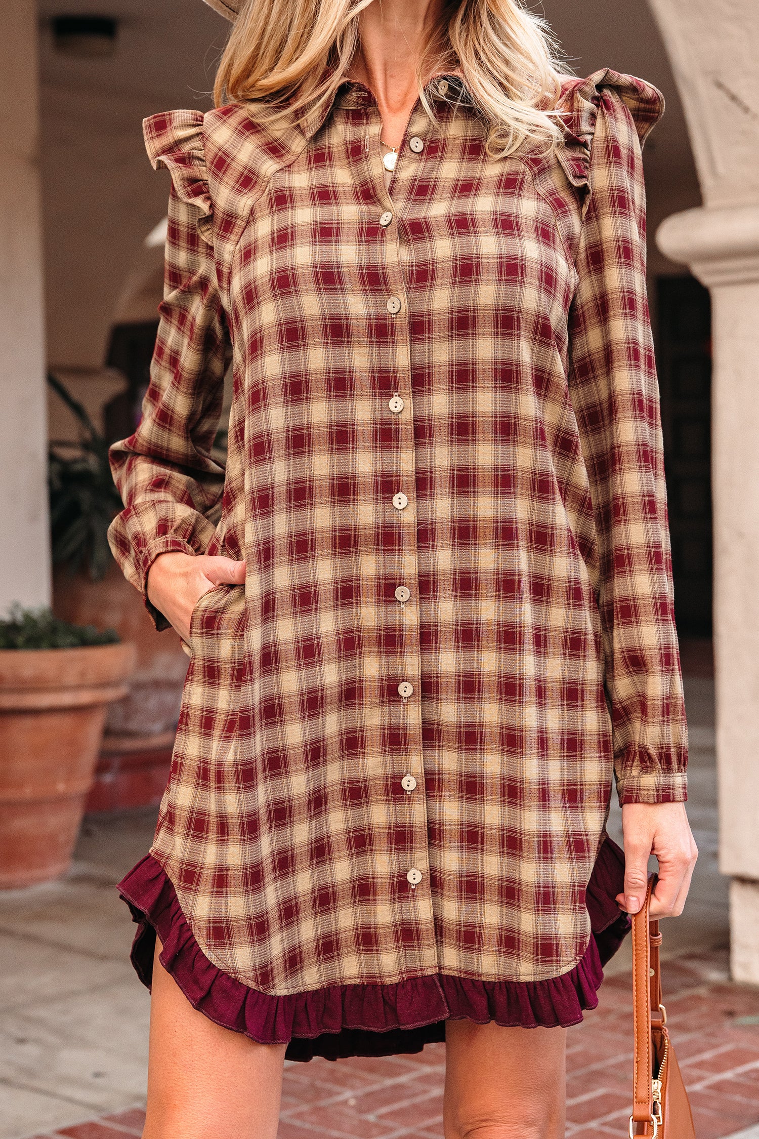 Red Plaid Print Ruffled Long Sleeve Patchwork Hem Mini Shirt Dress