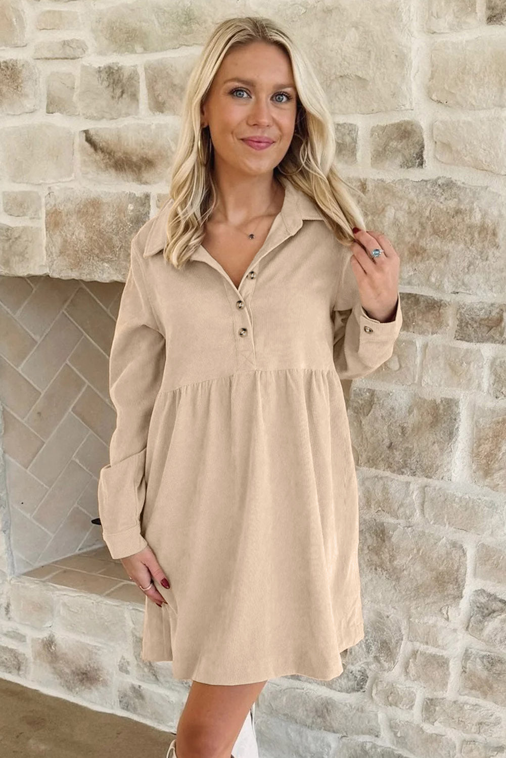 Dearlovers Oatmeal Corduroy Half Button Collared Long Sleeve Mini Dress