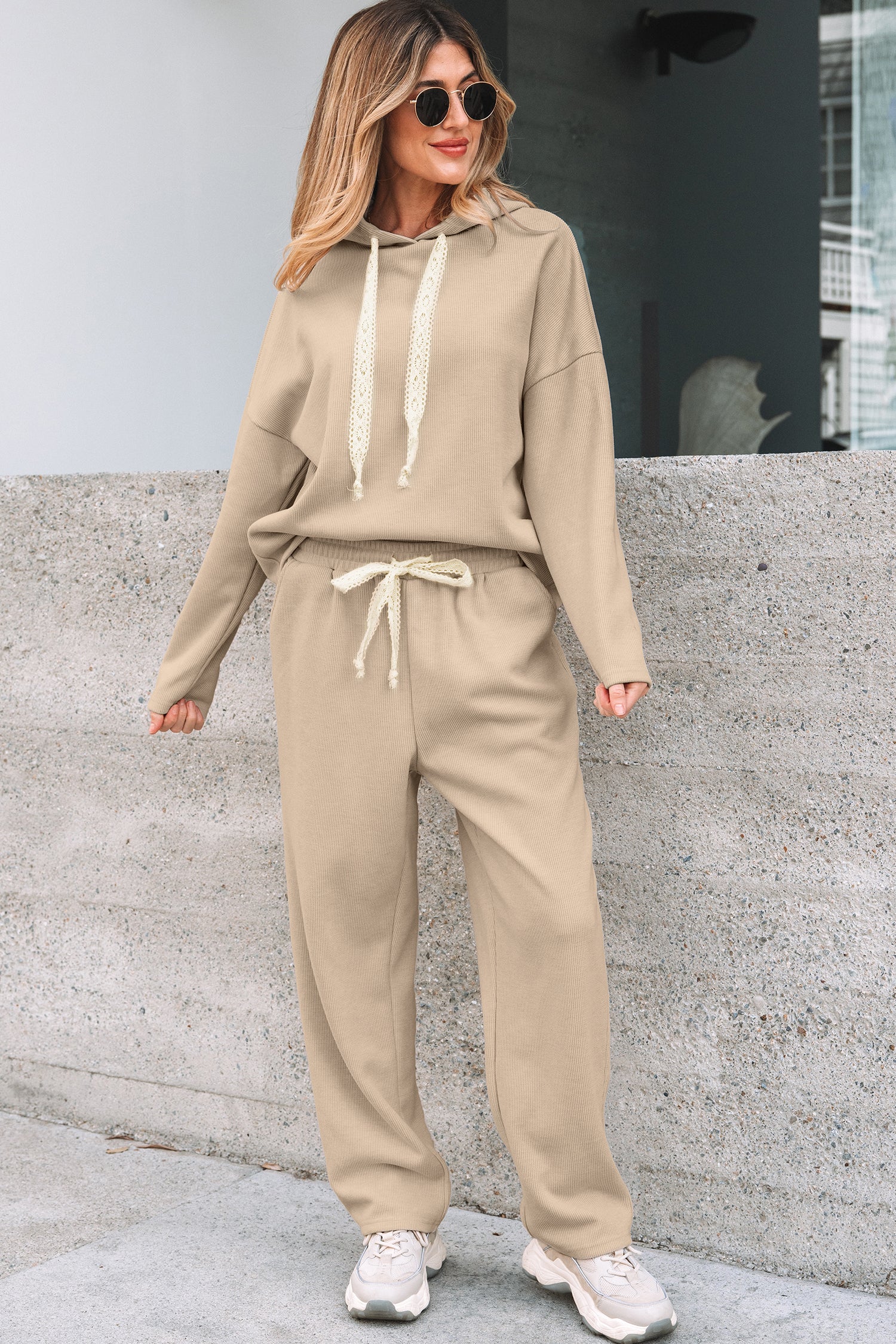 Jet Stream Lace Drawstring Pullover Hoodie and High Waist Pants Corduroy Suit