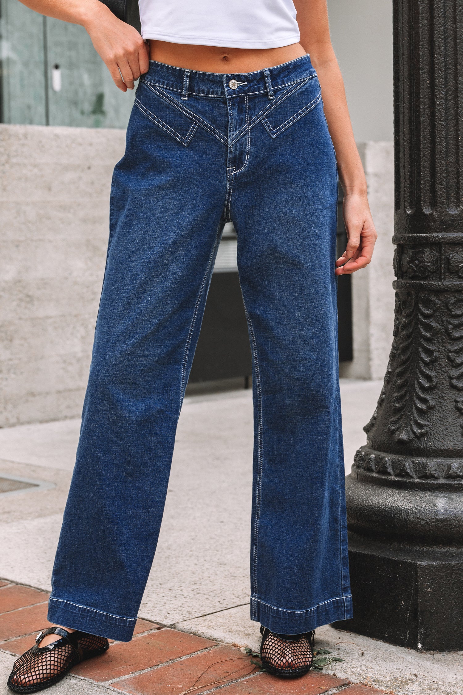 Sail Blue Stitched Waist Detail Loose Cuffed Jeans