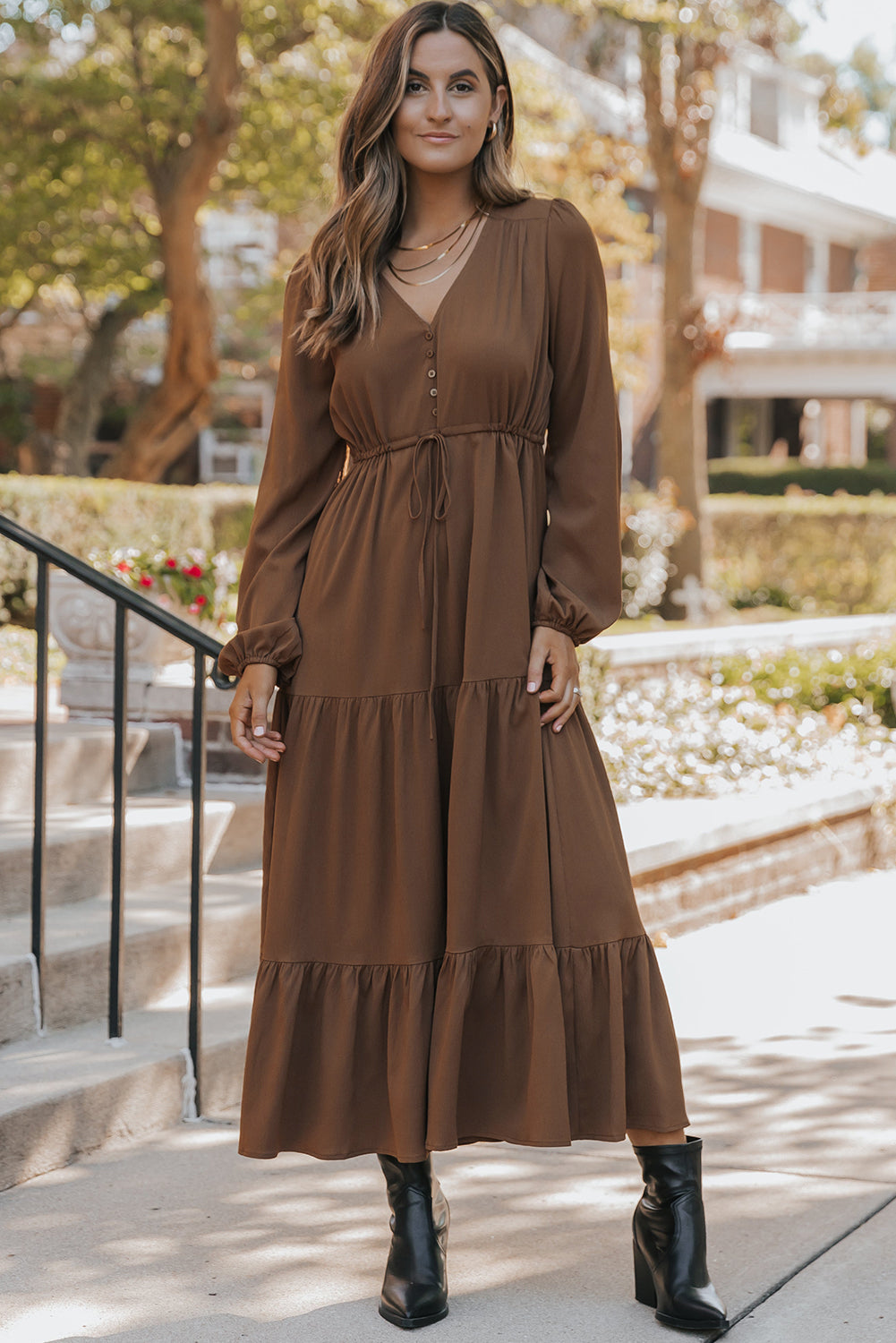 Chestnut Solid Long Sleeve Button V Neck Tiered Maxi Dress