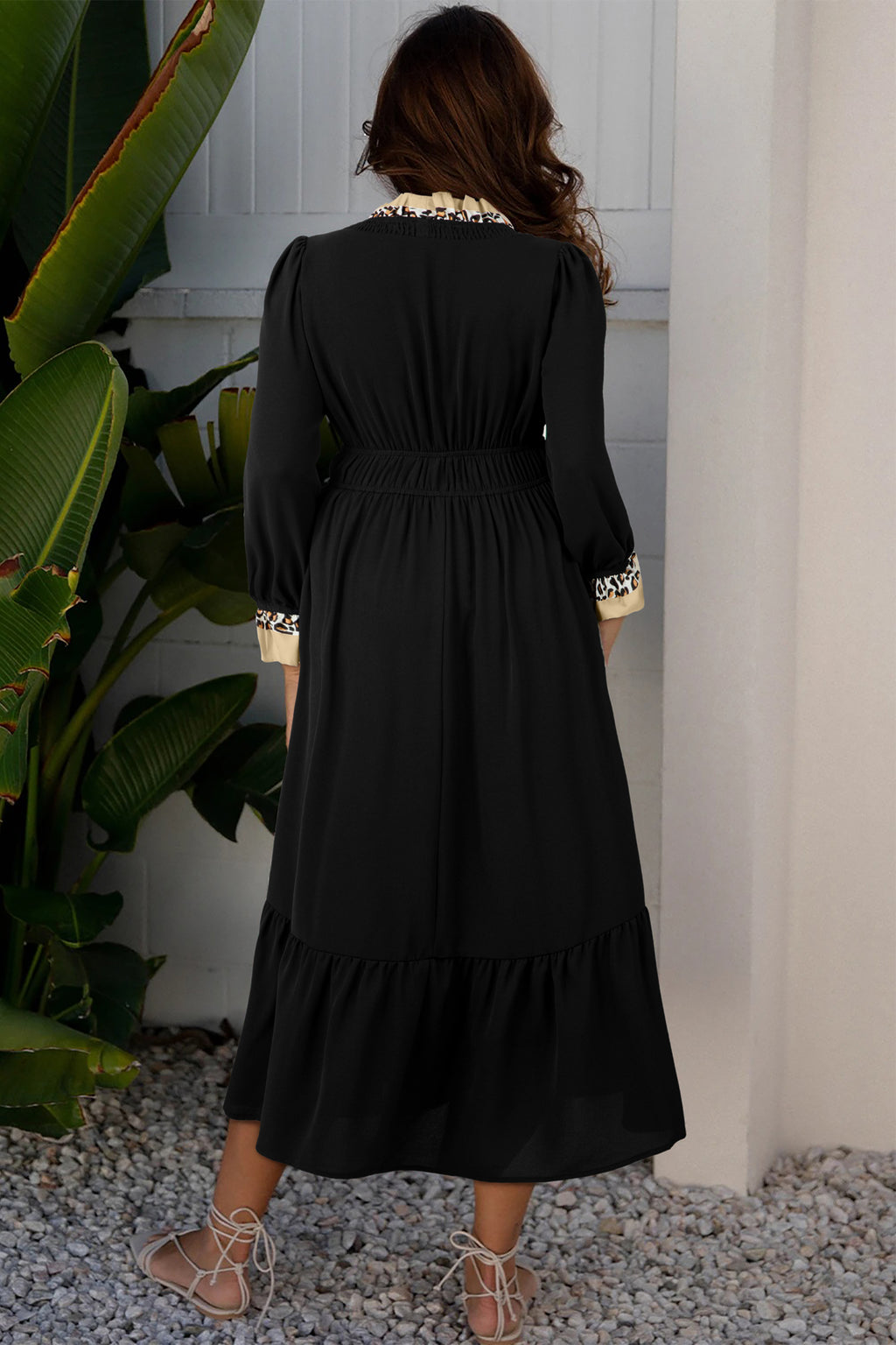 Black Contrast Leopard Frilled Trim V Neck Bracelet Sleeve Midi Dress