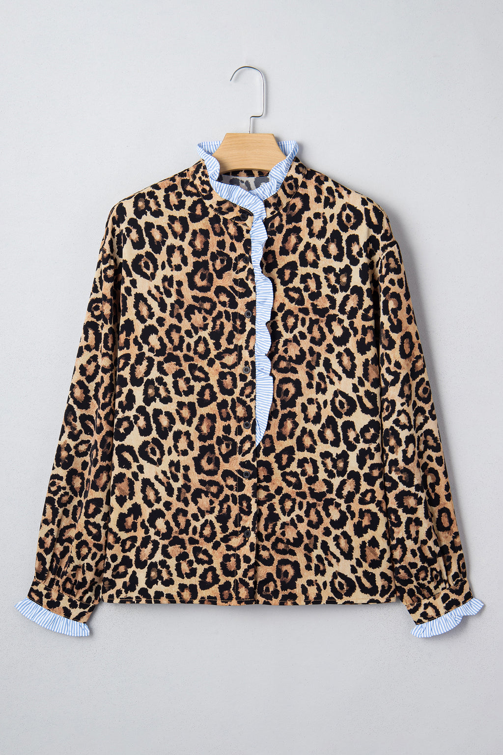Brown Wild Leopard Print Contrast Striped Frilled Trim Chic Shirt