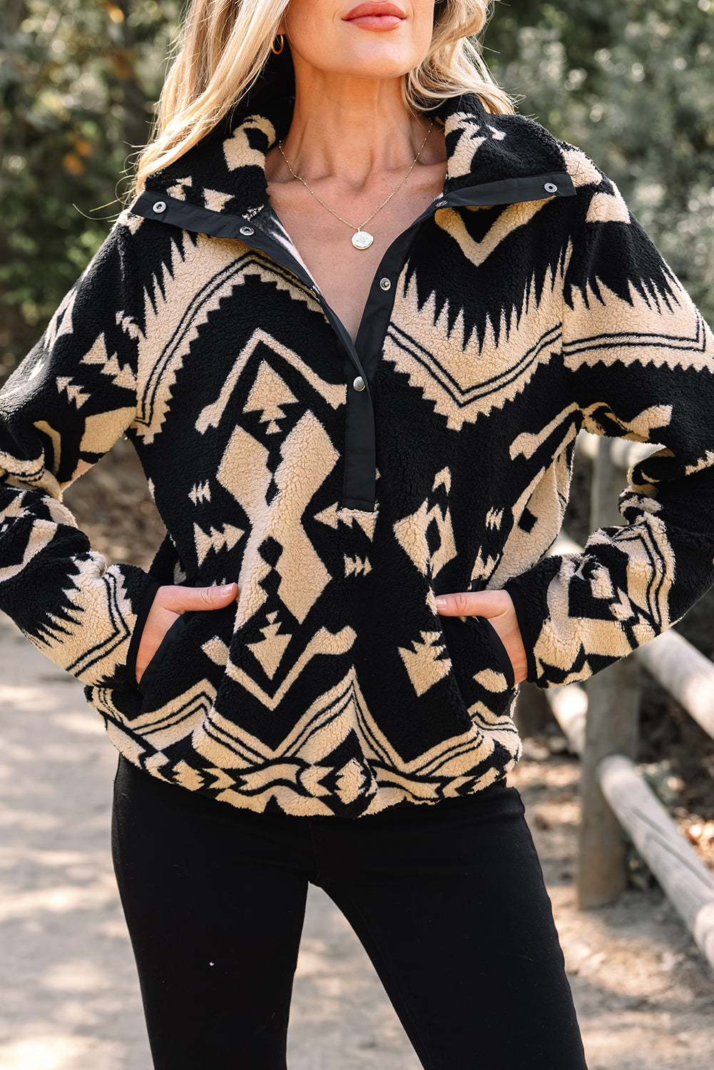 Black Western Aztec Half Placket Plush Sweatshirt