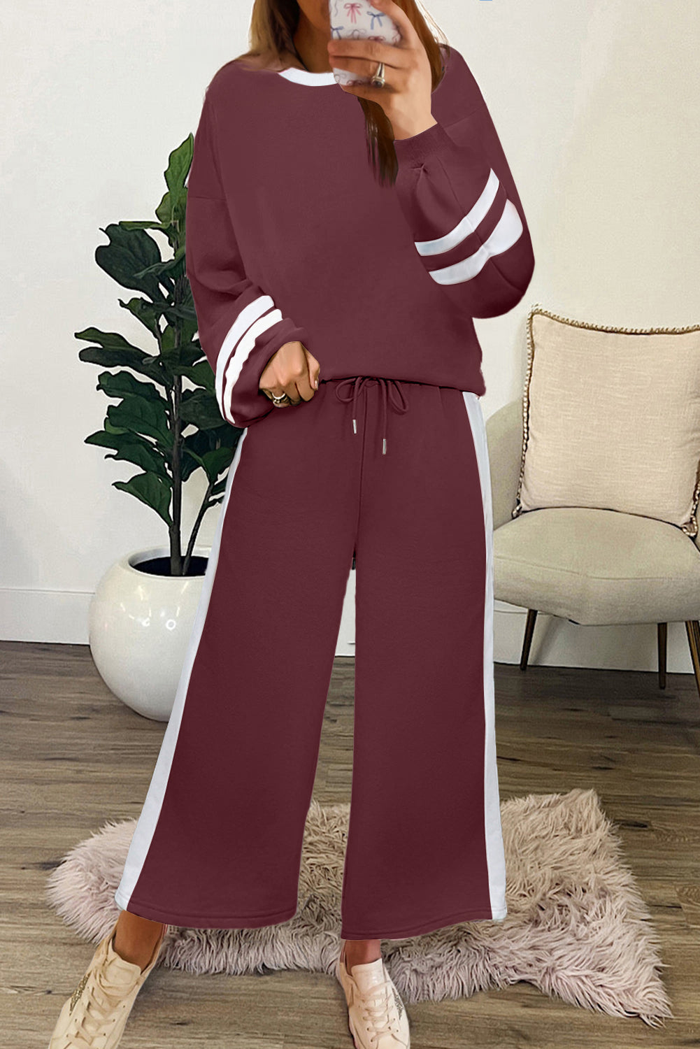 Mineral Red Varsity Stripe Patchwork Puff Sleeve Pullover Drawstring Wide Leg Pant Set