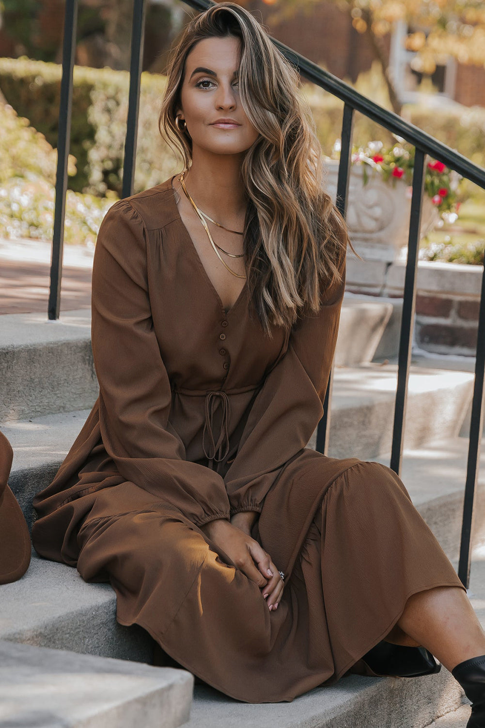 Chestnut Solid Long Sleeve Button V Neck Tiered Maxi Dress