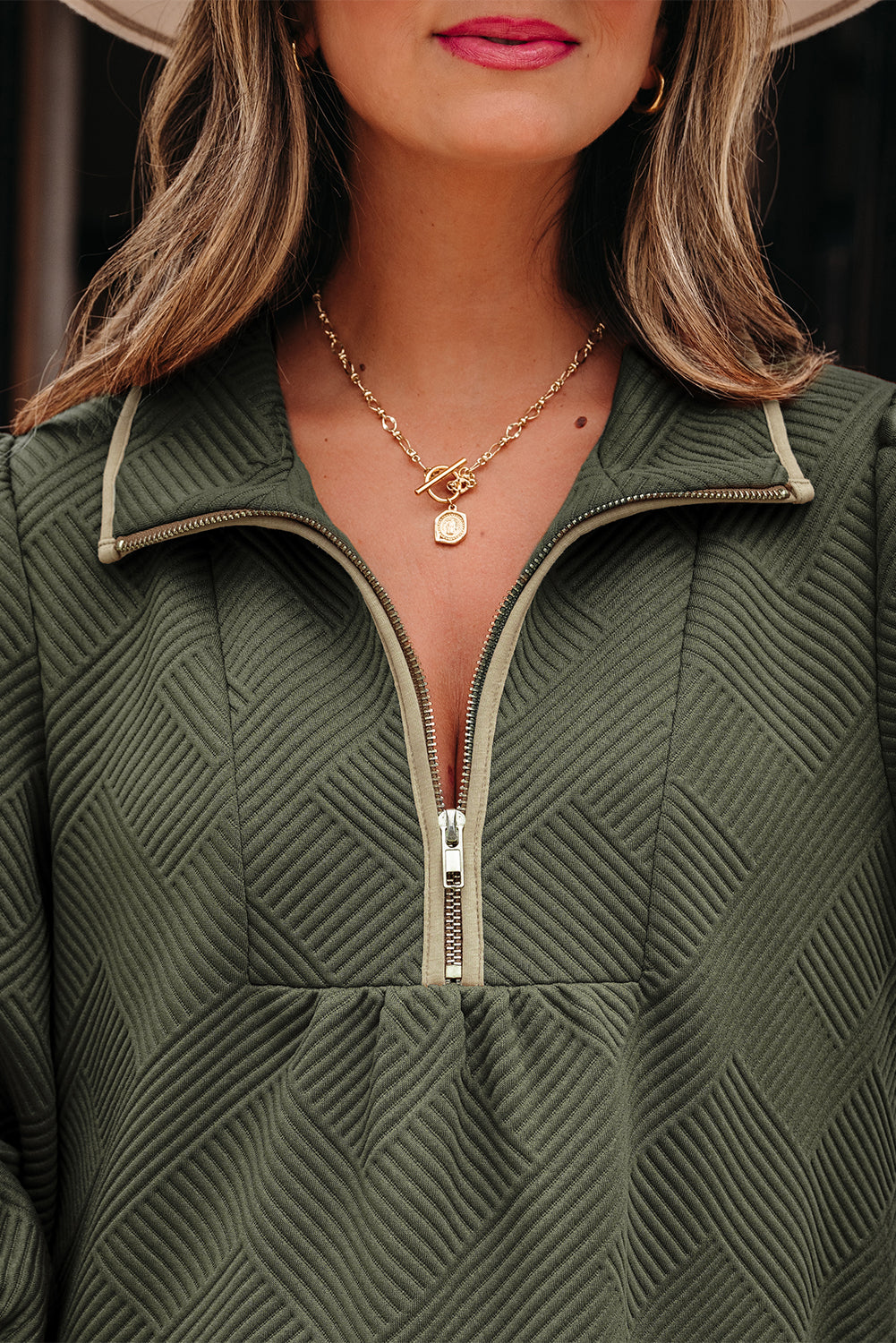 Dearlove Jungle Green Quarter Zip Collar Bracelet Sleeve Textured Mini Dress