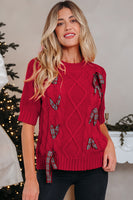 Fiery Red Plaid Lace up Detail Christmas Holiday Puff Short Sleeve Sweater
