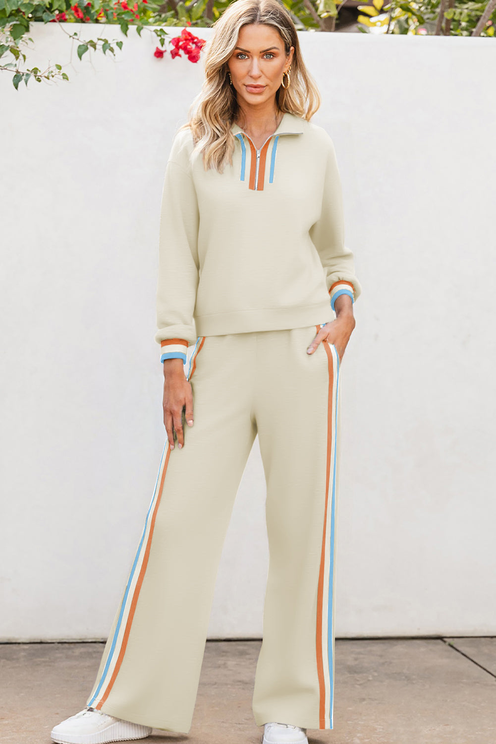 Apricot Striped Patchwork Quarter Zip Pullover Loose Pant Set
