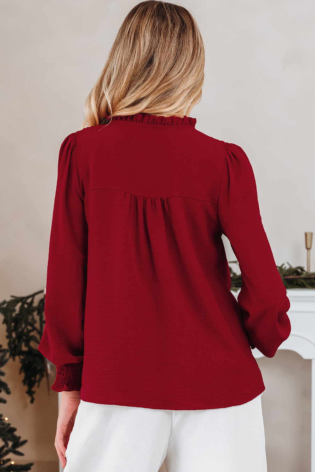 Burgundy Notched Neck Shirred Cuff Long Sleeve Blouse