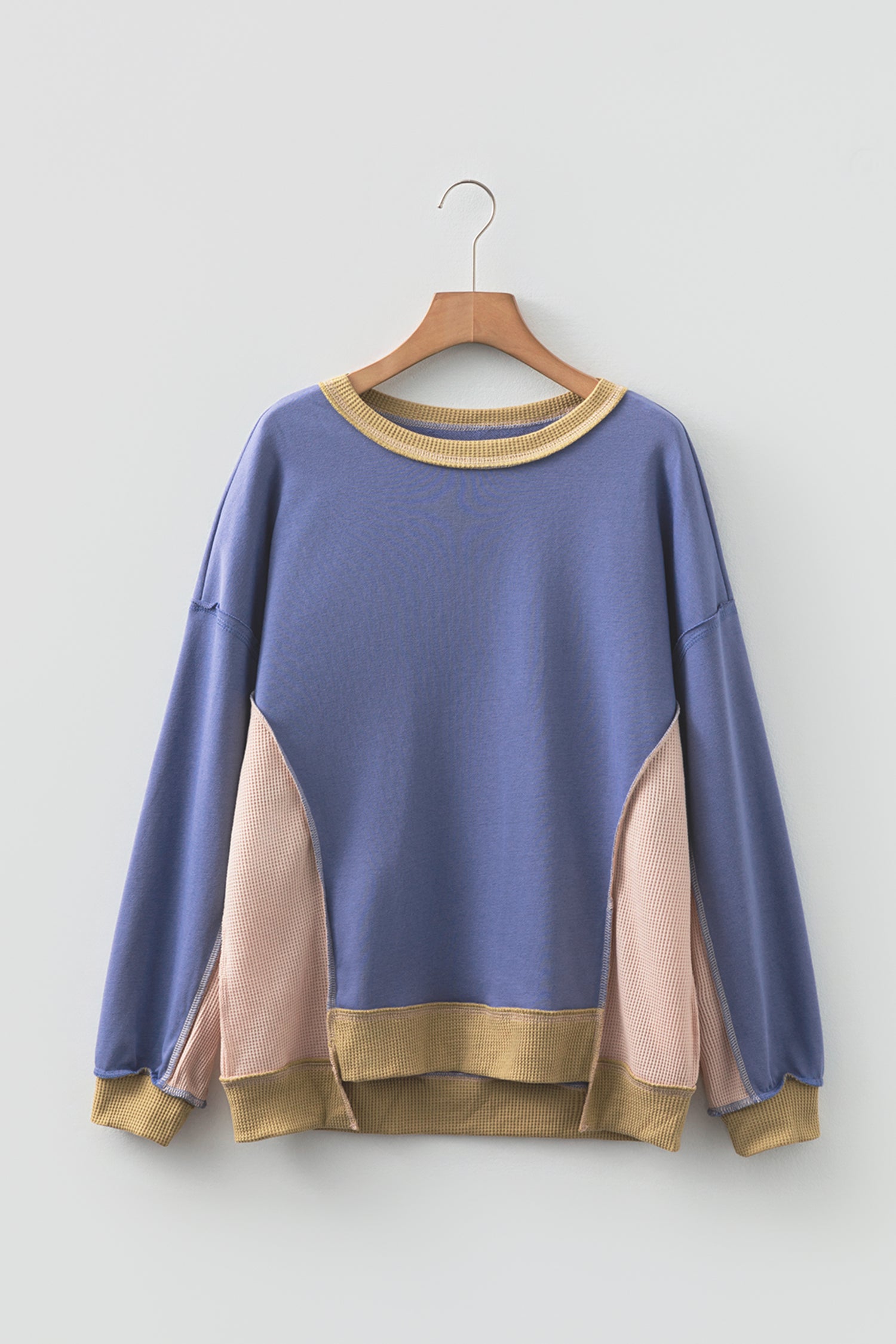 Wild Wind Color Block Mix Texture Waffle Patchwork Oversize Sweatshirt