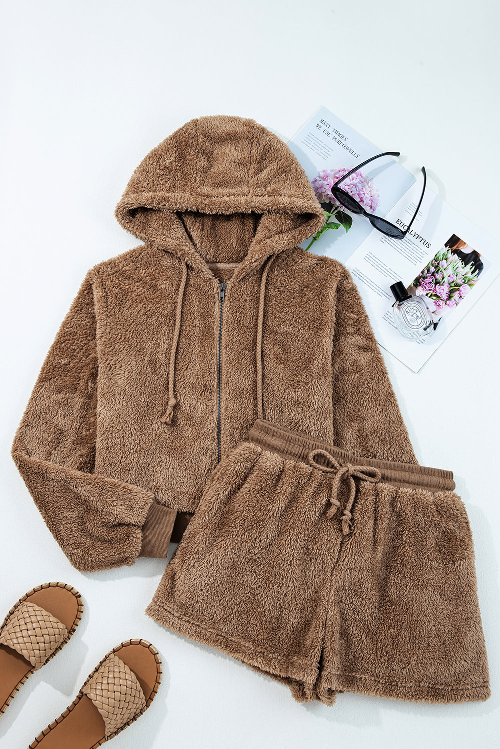 Parchment Zip Up Hoodie Drawstring Shorts Sherpa 2pcs Outfit