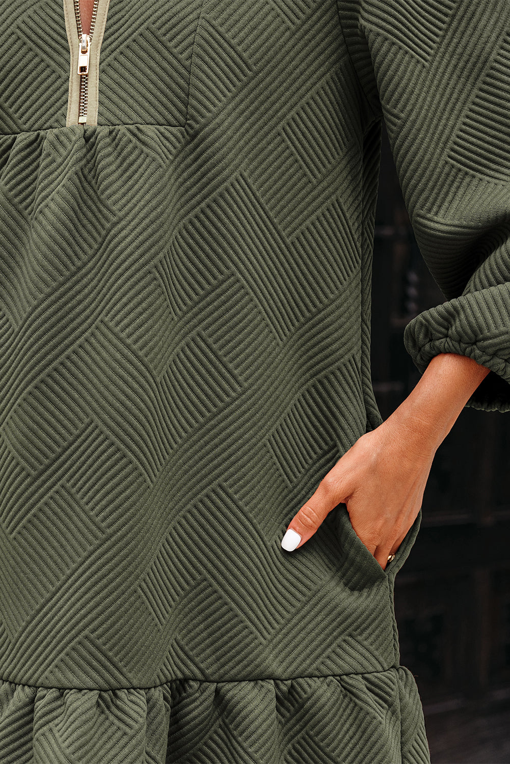 Dearlove Jungle Green Quarter Zip Collar Bracelet Sleeve Textured Mini Dress