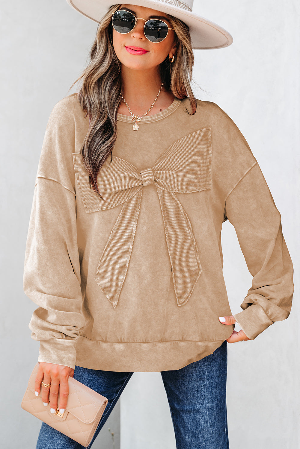 Light French Beige Mineral Wash Big Bow Patchwork Pullover Sweatshirt