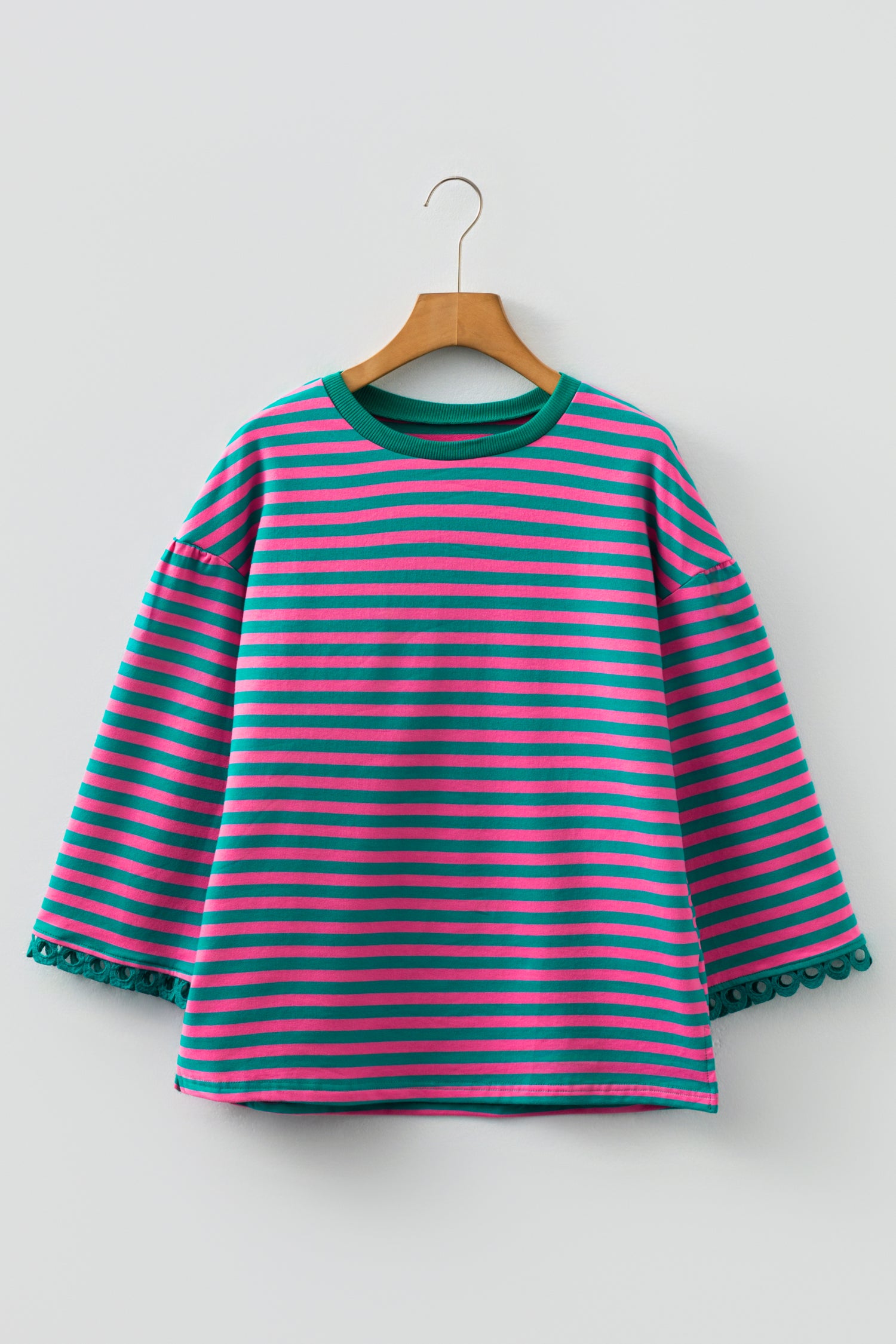 Sachet Pink Striped Print Drop Shoulder Lace Trim Bracelet Sleeve Loose Top