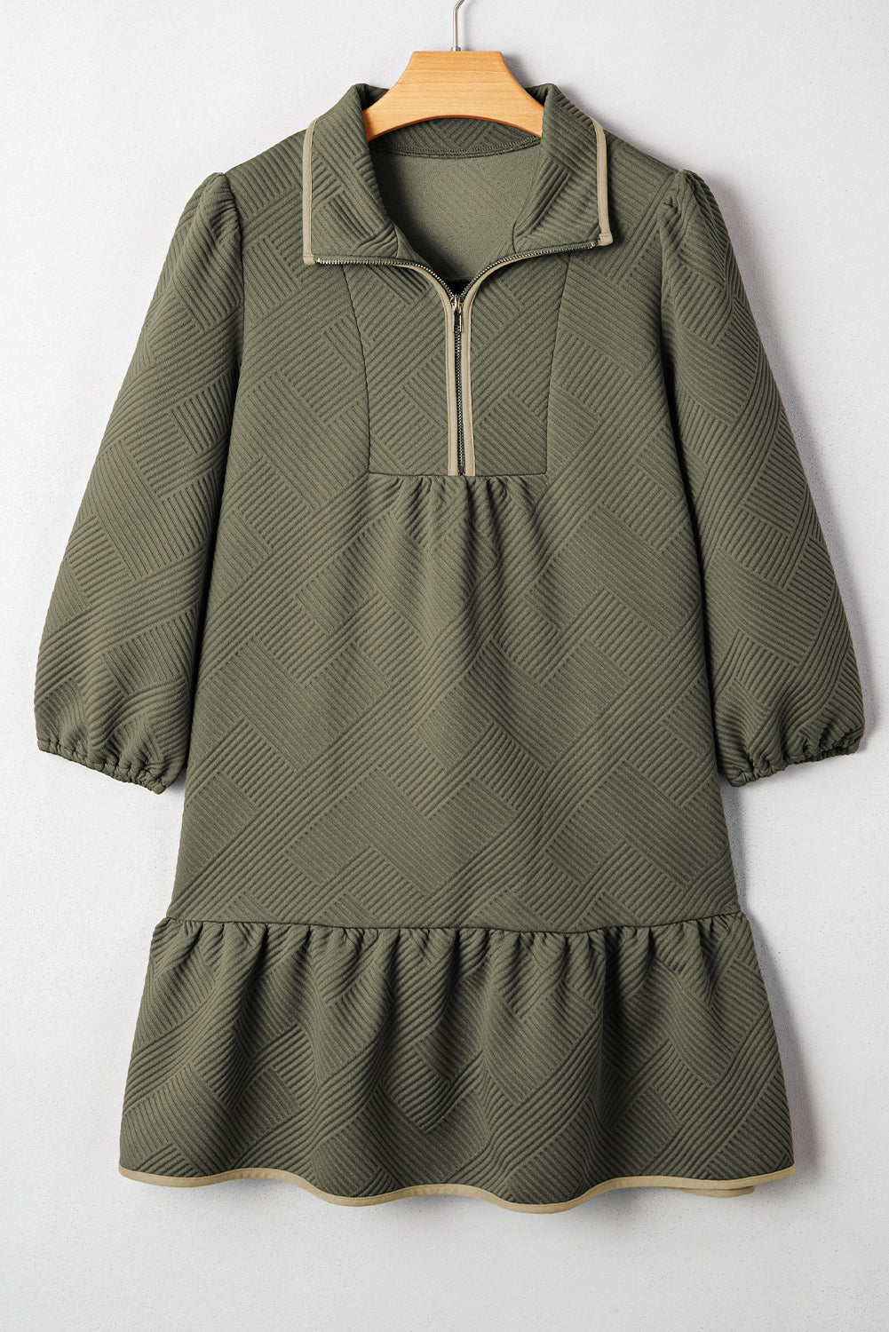 Dearlove Jungle Green Quarter Zip Collar Bracelet Sleeve Textured Mini Dress