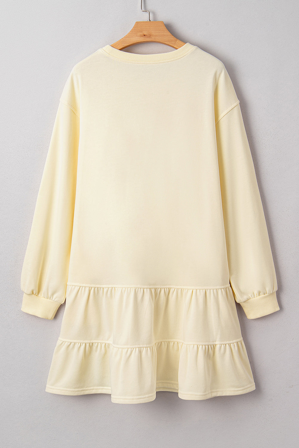 Beige Double Tiered Ruffle Hem Long Sleeve Loose Mini Dress