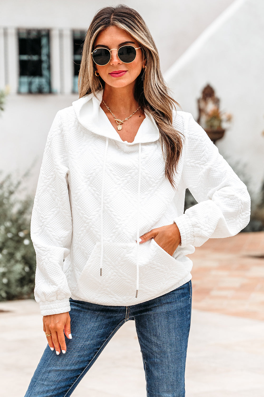 White Cable Lattice Texture Kangaroo Pocket Hoodie
