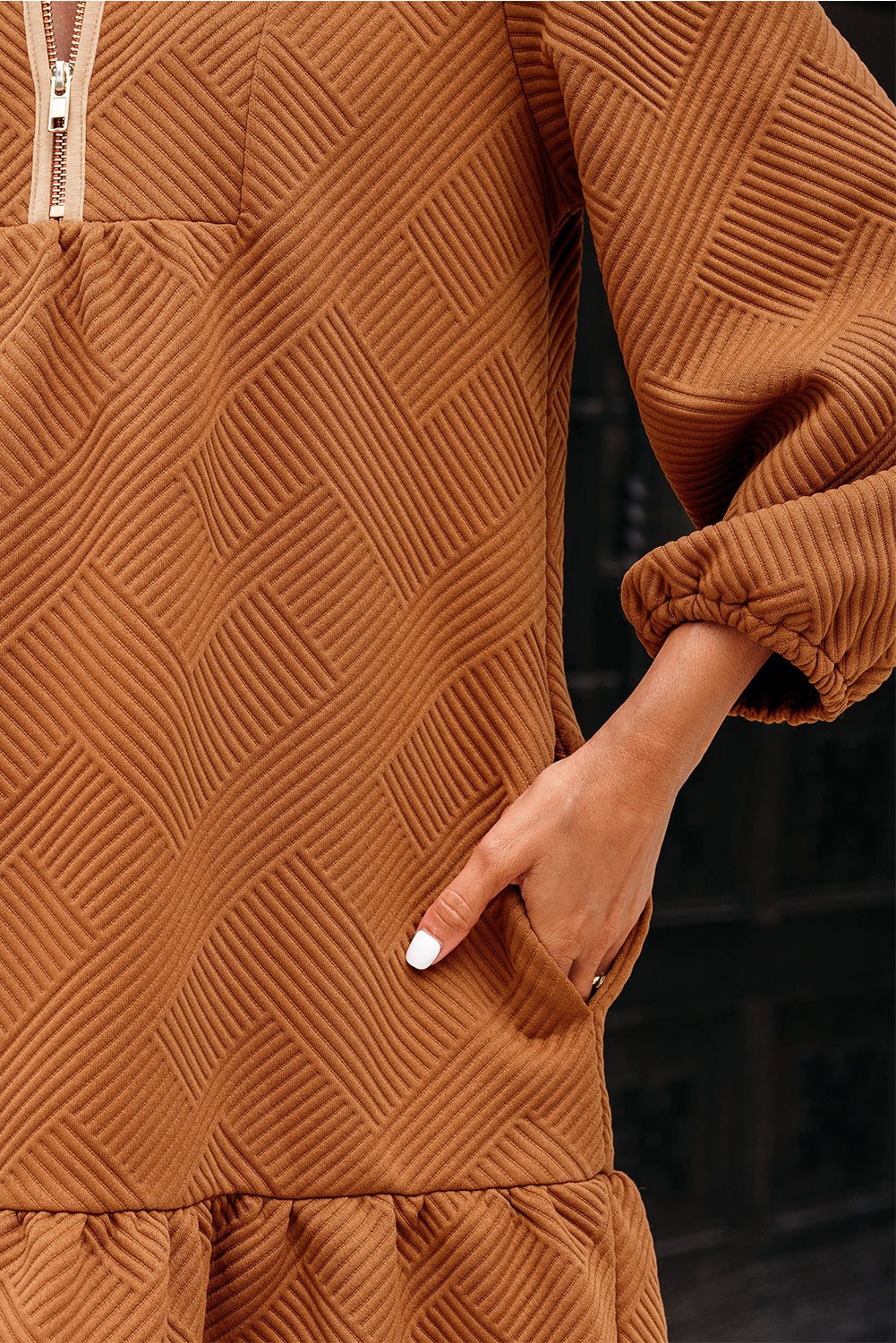 Desert Gold Quarter Zip Collar Bracelet Sleeve Textured Mini Dress