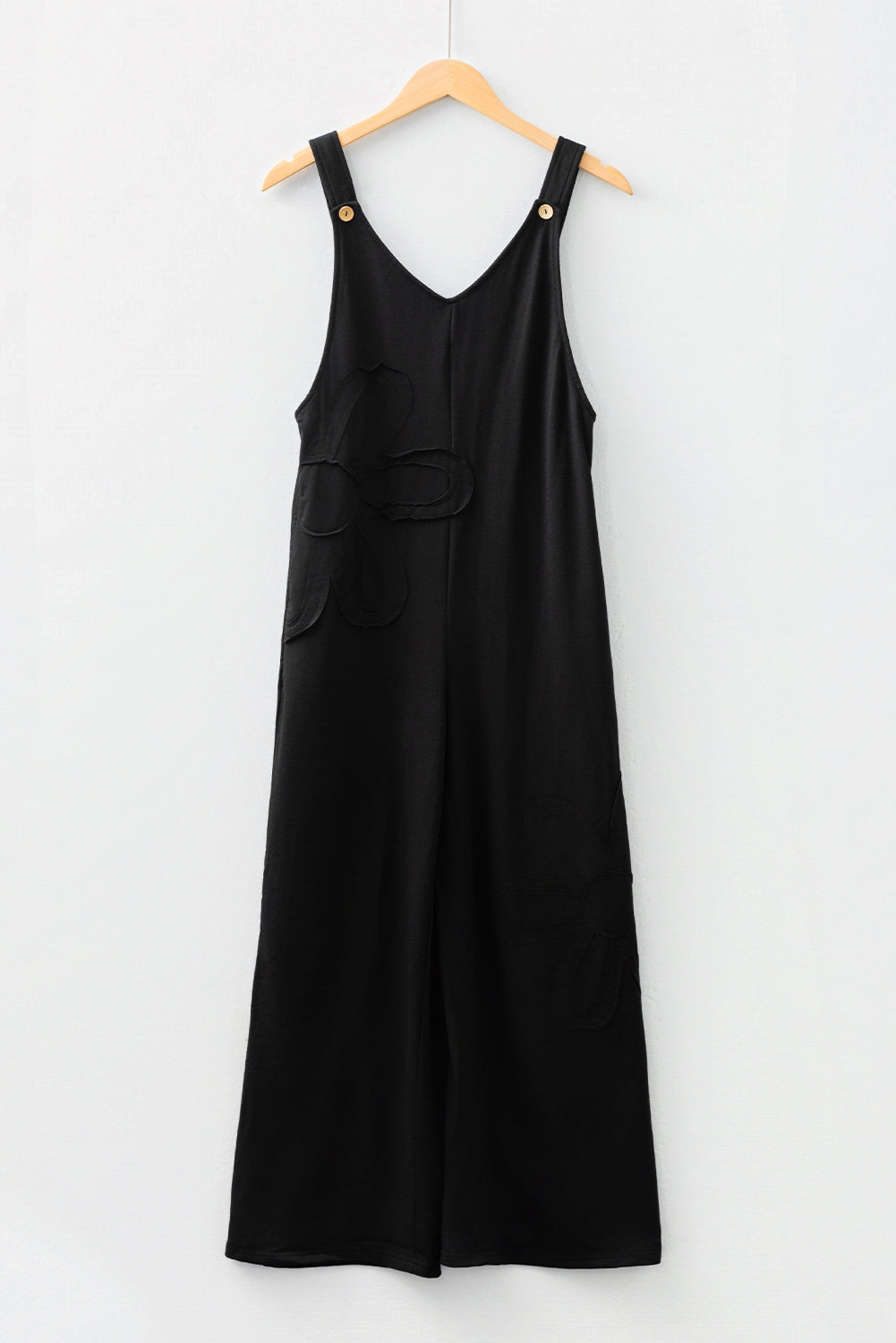 Black Solid Color Raw Seam Big Flower Patched Loose Overall Jumpsuit