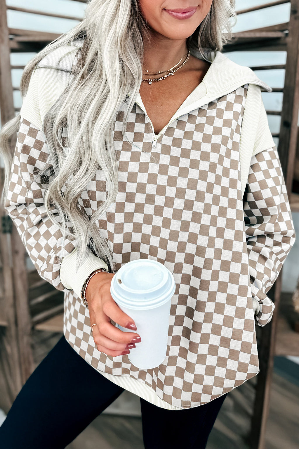 Khaki Checkered Print Quarter Zip Ribbed Patchwork Loose Sweatshirt