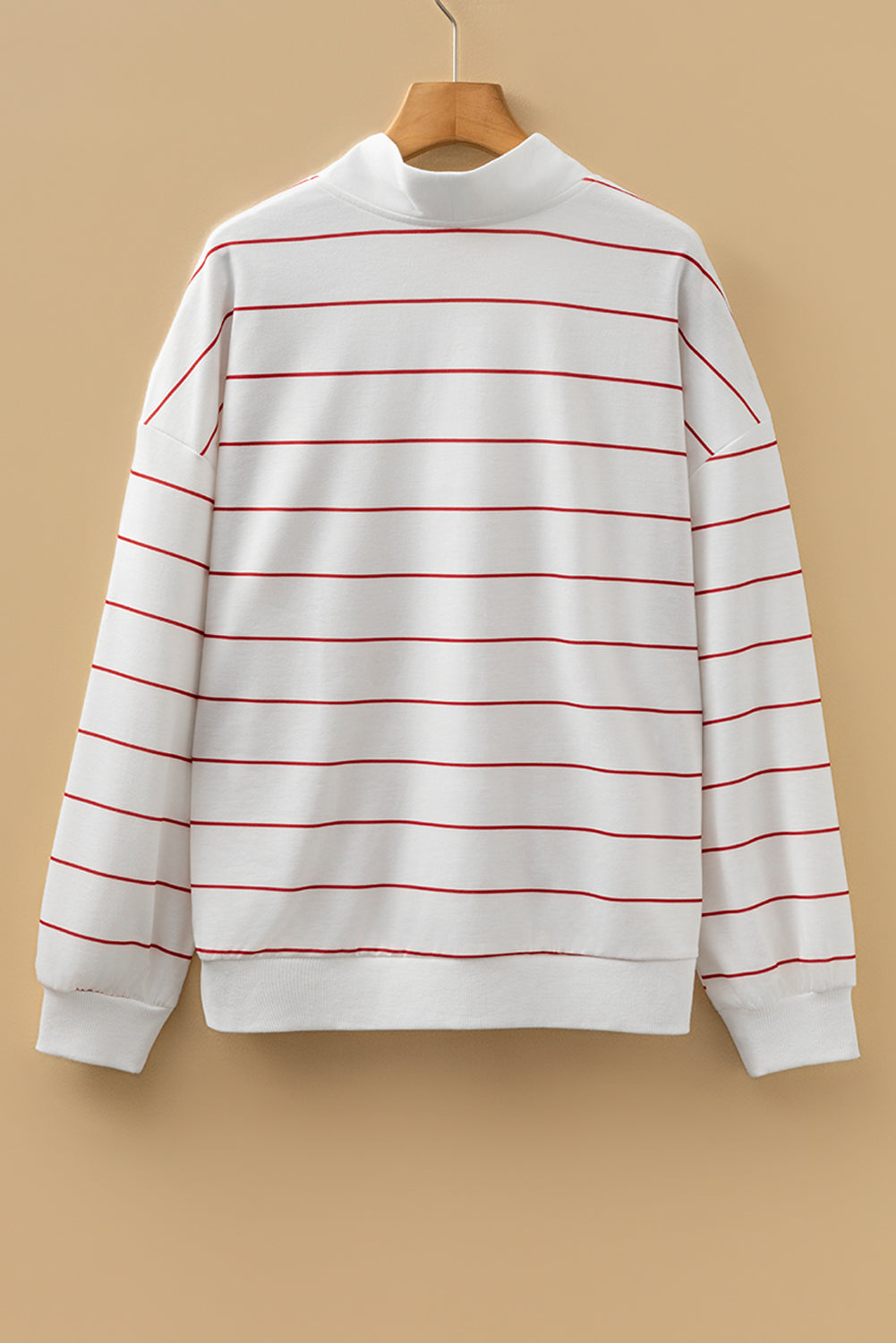 Fiery Red Zip V Neck Casual Stripe Print Drop Shoulder Long Sleeve Top