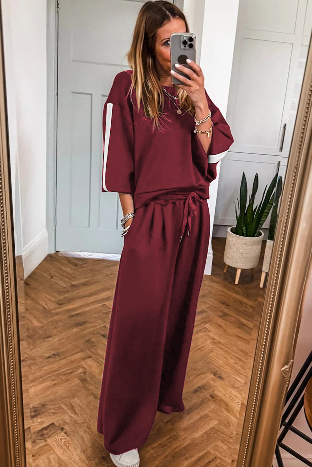 Burgundy Varsity Striped 3/4 Sleeve Pullover Drawstring Sweatpants Set