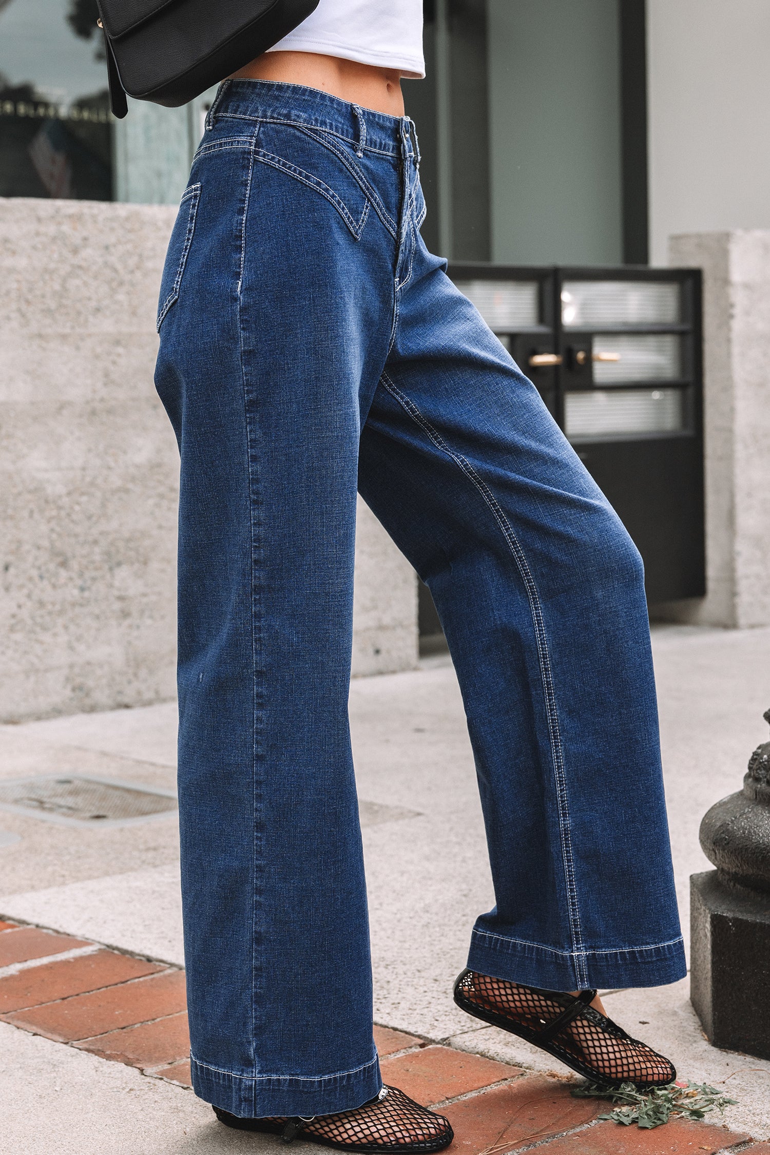 Sail Blue Stitched Waist Detail Loose Cuffed Jeans