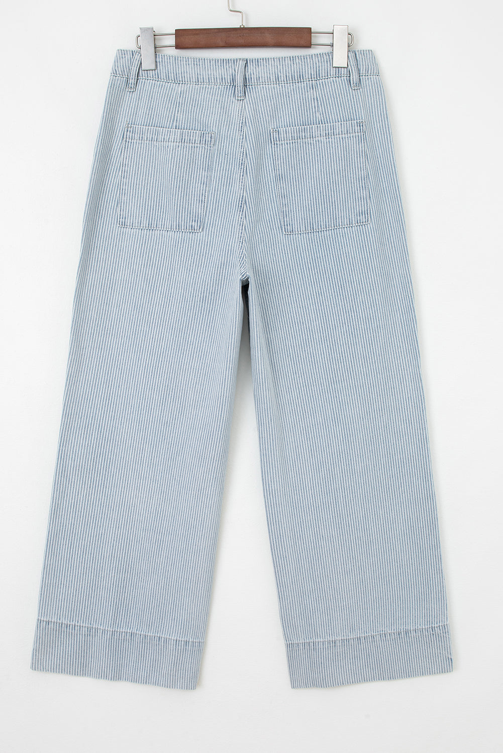 Sky Blue Stripe Button Flap Pocket Cuffed Hem Wide Leg Jeans