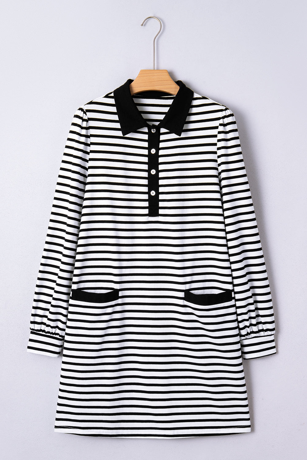 White Stripe Buttoned Front Collared Long Sleeve T Shirt Dress with Pockets