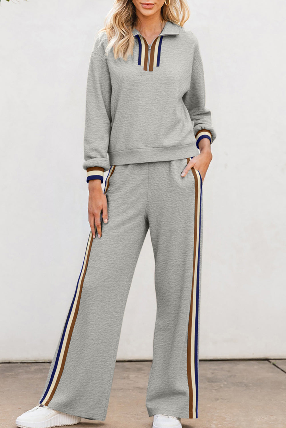 Gray Striped Patchwork Quarter Zip Pullover Loose Pant Set