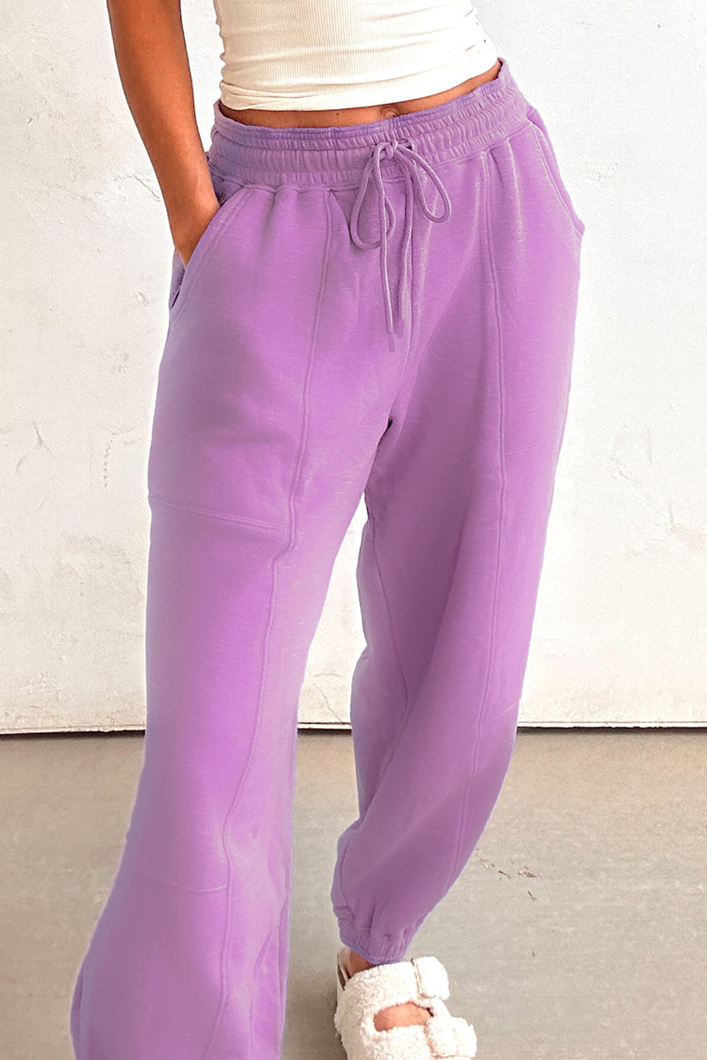 Lilac Drawstring Elastic Waistband Solid Color Jogger Pants