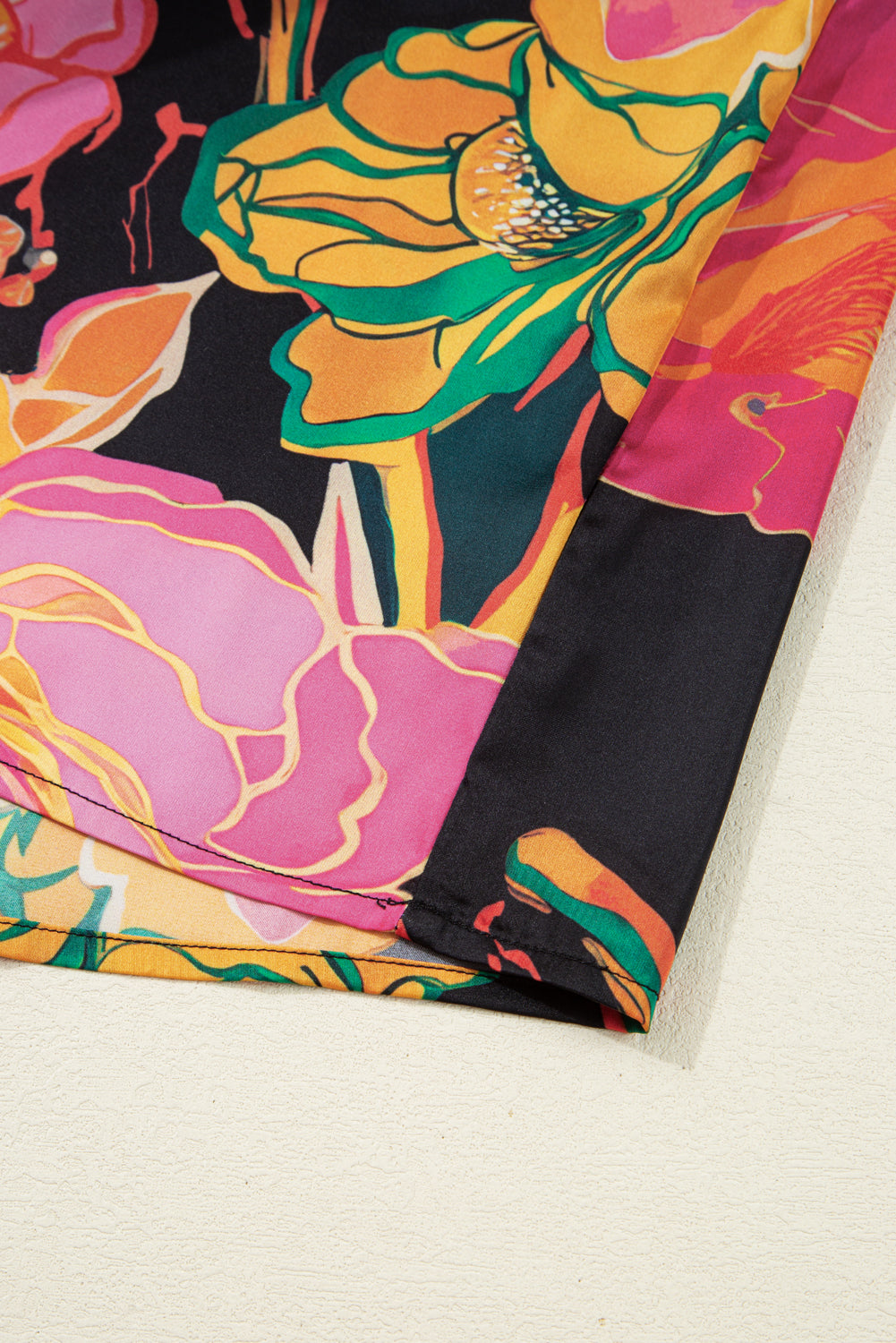 Black Floral Print Smocked Cuffs Puff Sleeve V Neck Blouse