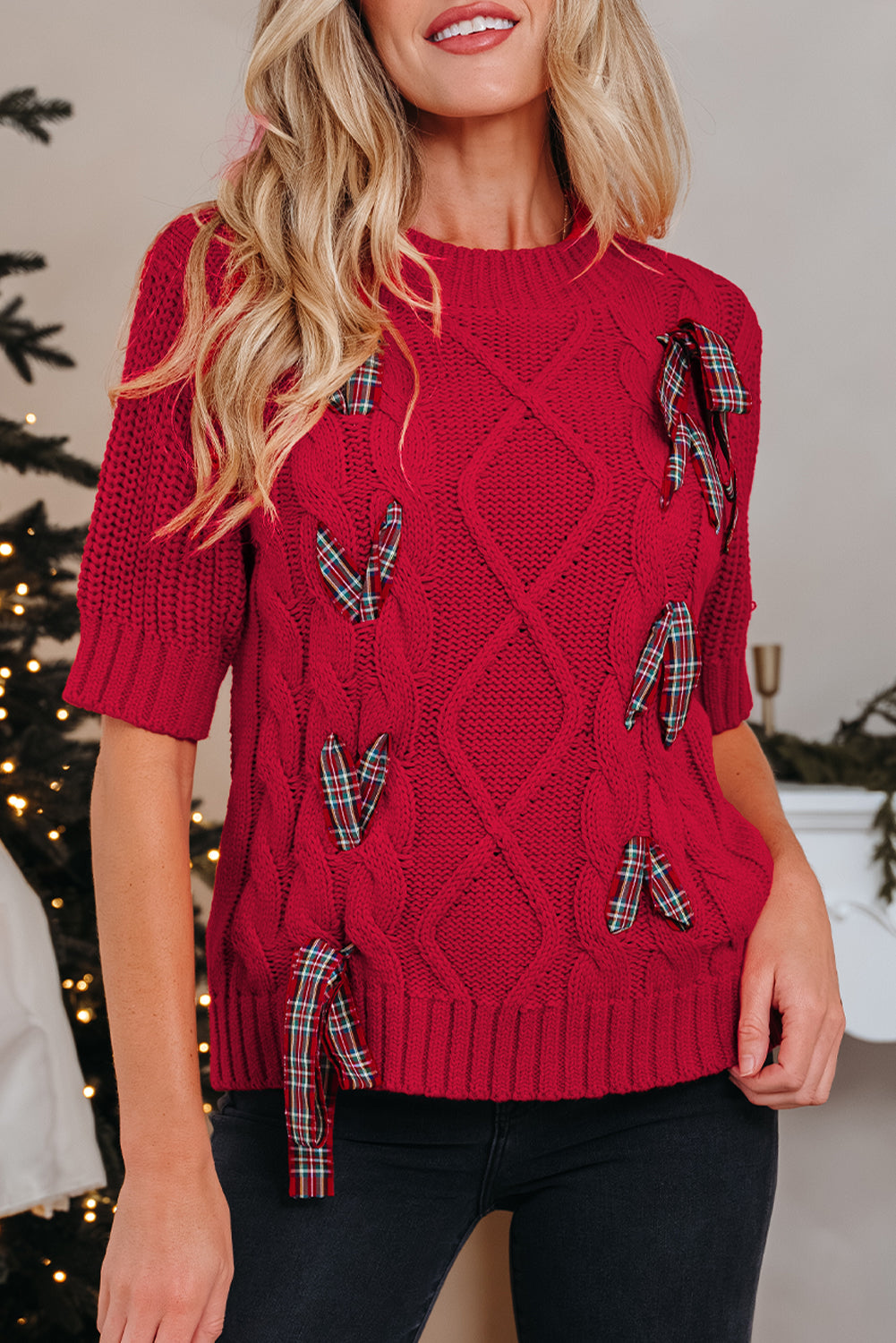Fiery Red Plaid Lace up Detail Christmas Holiday Puff Short Sleeve Sweater